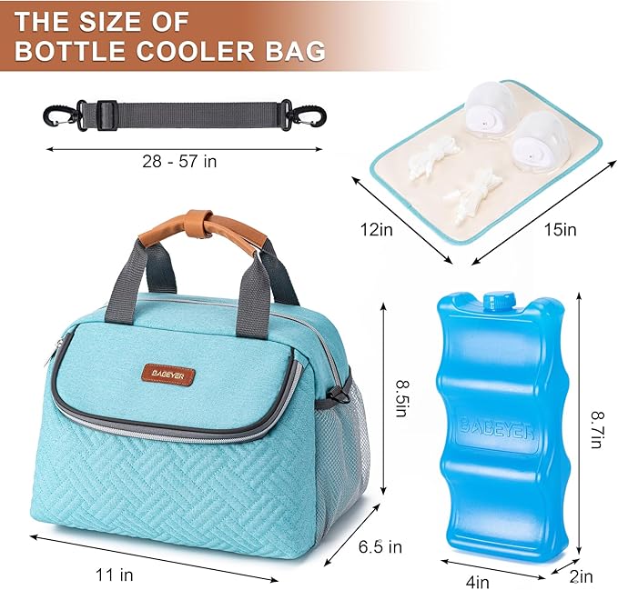 Breastmilk Cooler Bag with Ice Pack Fits 6 Baby Bottles up to 9 Ounce, Wearable Breast Pumps Cooler Bag for Nursing Mom Daycare, Work, Travel- Aqua