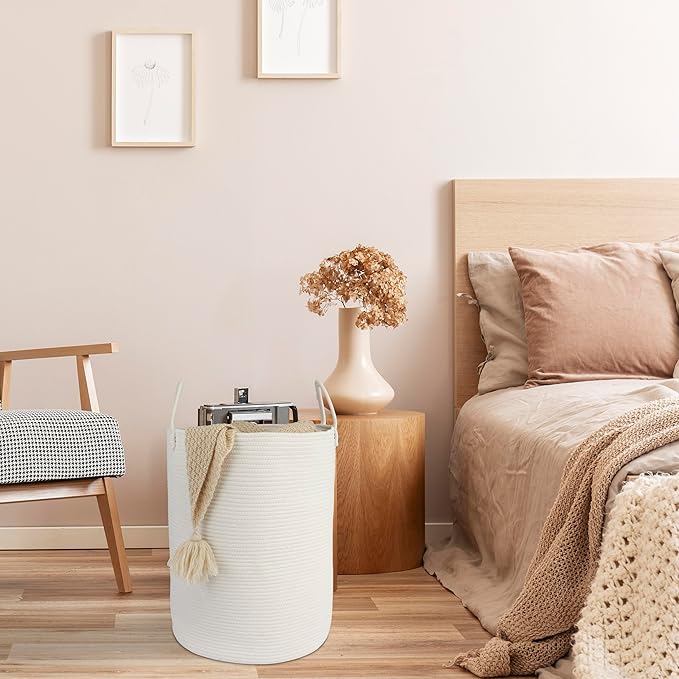 Cotton Rope Laundry Basket Hamper for Clothes Woven Storage Basket for Living Room Bedroom Boho Tall Rope Baskets for Blanket Toys Pillow Towels Baby Nursery Hamper Bin Large white