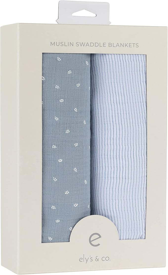 Ely's & Co. Muslin Swaddle Blanket 2-Pack — 100% Cotton Muslin Extra-Large Swaddle Blankets (47” x 47”) Solid Blue + Printed Blue Leaf
