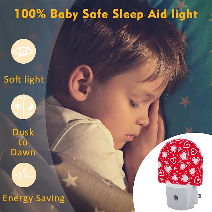 Valentine's Day Love Words and Arrow Night Light for Kids, Red Love Hearts Night Light Plug in with Dusk to Dawn Sensor,0.5w Energy Saving Nightlight for Hallway Stairway Kitchen Bedroom