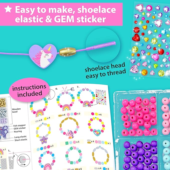 KRAFUN Unicorn Bracelet Craft Kit for Kids, Premium Wooden Beads, 14 Easy DIY Friendship Bracelets, Charms, Gem Stickers, Instructions, Gift for Girls