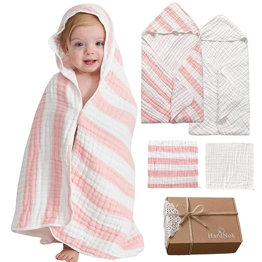 Muslin Hooded Baby Towel 4 Pack, Preuim Muslin 6 Layers Natural Cotton Baby Bath Towels, Soft and Comfortable for Boys,Girls (32x32,Pink Striped and White)