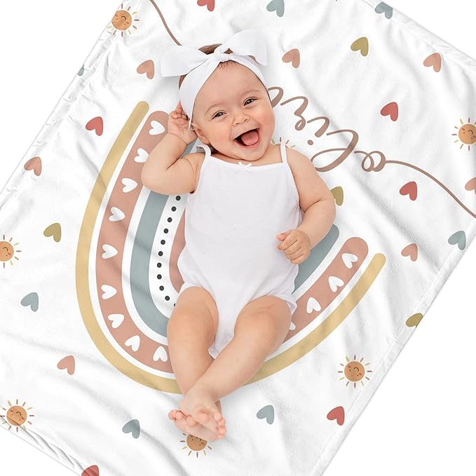 Personalized Baby Girl Blankets with Name, Custom Boho Rainbow Swaddle Blanket for Girls, Customize Newborn Shower Gifts for Baby Girl, Christmas Birthday Expecting Mom Gifts