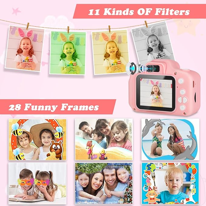 Kids Camera, HD Digital Video Camera,Childrens Toys for 3 4 5 6 7 8 9 Year Old Boys/Girls, Selfie Camera for Kids, Christmas Birthday Gifts with 32GB SD Card(Pink)