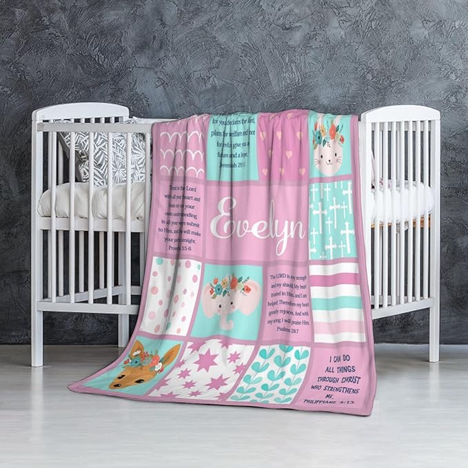 Personalized Baby Blankets with Name Christian Gift for Baby Plush Baptism Blanket Scripture Quote Swaddle Bible Verse Blanket for Girls Newborn Birthday Christmas Christening Godchild Gift