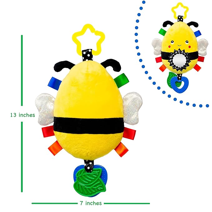 Squish 'N Play Bee Activity Toy - Multi-Sensory Learning Baby Toy - Stroller, Car Seat, Tummy Time, Teether - Baby Gift with Mirror, Rattle & Taggies