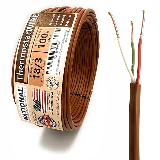 18/3 100Ft. NATIONAL Wire&Cable Thermostat Doorbell HVAC Heating Control Professional Cable Wire - Made in USA - 100% Solid Copper Conductors, CL2 ETL Listed, Low Voltage Applications Use