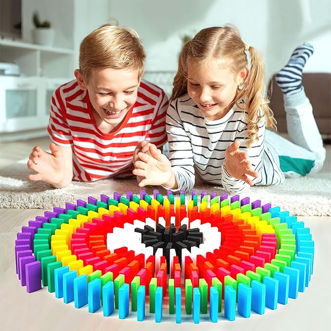 BigOtters Dominos Set for Kids,360 PCS Dominoes Wooden Building Blocks Stacking Educational Racing Toy Games, Party Favor for Boys and Girls, 12 Colors