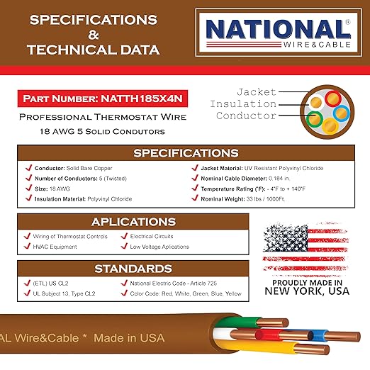 18/5 500Ft. NATIONAL Wire&Cable Thermostat Doorbell HVAC Heating Control Professional Cable Wire - Made in USA - 100% Solid Copper Conductors, CL2 ETL Listed, Low Voltage Applications Use