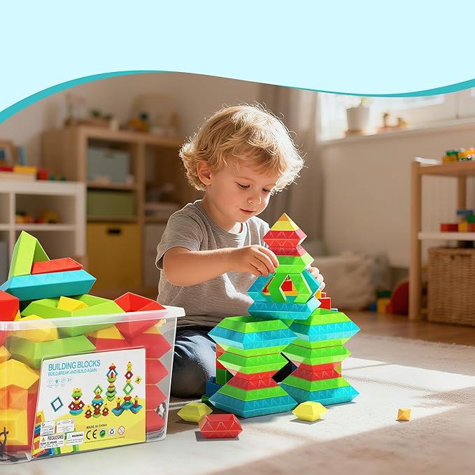 100Pcs Montessori Toys for Ages 1-3 2-5 Toddlers Kids Baby,Pyramid Stacking Building Toys,3D Preschool Learning Blocks for Kids,STEM Sensory Toy Gifts for 2-4 Year Old Boy Girl,Big Plastic Storage Box