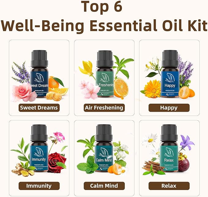 ASAKUKI Essential Oil Diffuser, Aromatherapy Cool Mist Home Humidifier with 7 LED Color Changing Light and Auto-Off Safety Switch, 6 Essential Oils Set, 300ml (Brown with Oils)