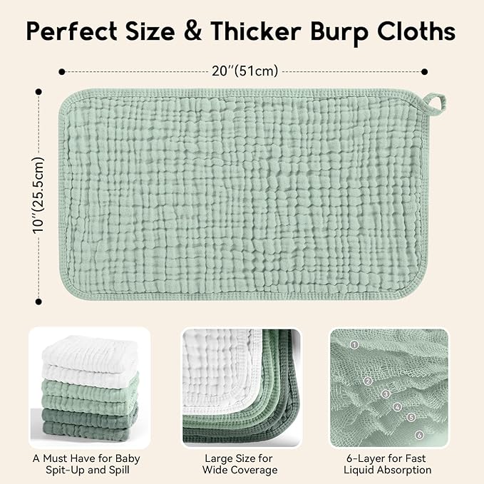 Muslin Burp Cloths for Baby 100% Cotton Burping Cloths for Boys Girls Large 20''X10'' Extra Soft and Absorbent 12 Pack - White and Green