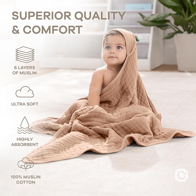 Comfy Cubs Hooded Baby Towel 2-Pack, Large 32 x 32 Inch - 6 Layer 100% Muslin Cotton for Babies, Toddlers, Kids - Soft & Absorbent Baby Bath Towels - Unisex Design for Bath Time, Cedar and Sand