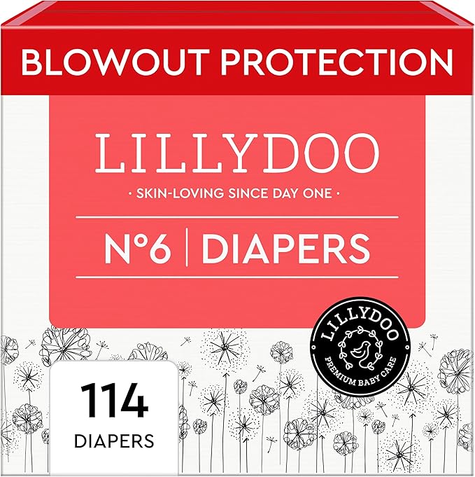 LILLYDOO Baby Diapers - Size 6 (29+ lbs), Monthly Supply (114 Count), Leak Protection, Skin-Friendly, Ultrasoft, Perfume- & Chlorine-Free, Hypoallergenic, Dermatologist Tested, Oeko-TEX®
