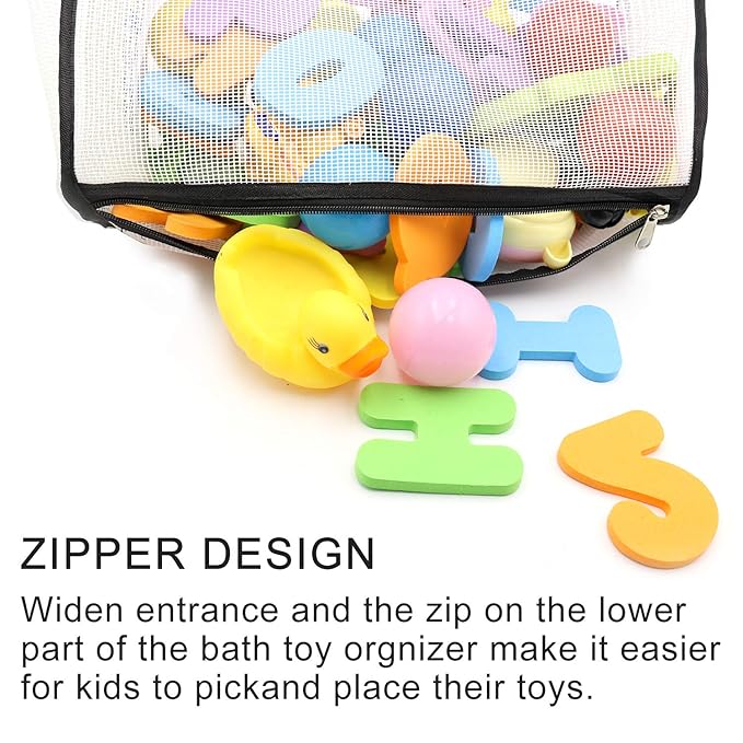 Bath Toy Organizer Multiple Ways to Hang, Extra Large Opening Bathroom Toy Holder, Bottom Zipper Bathtub Toy Storage Bag (Black)