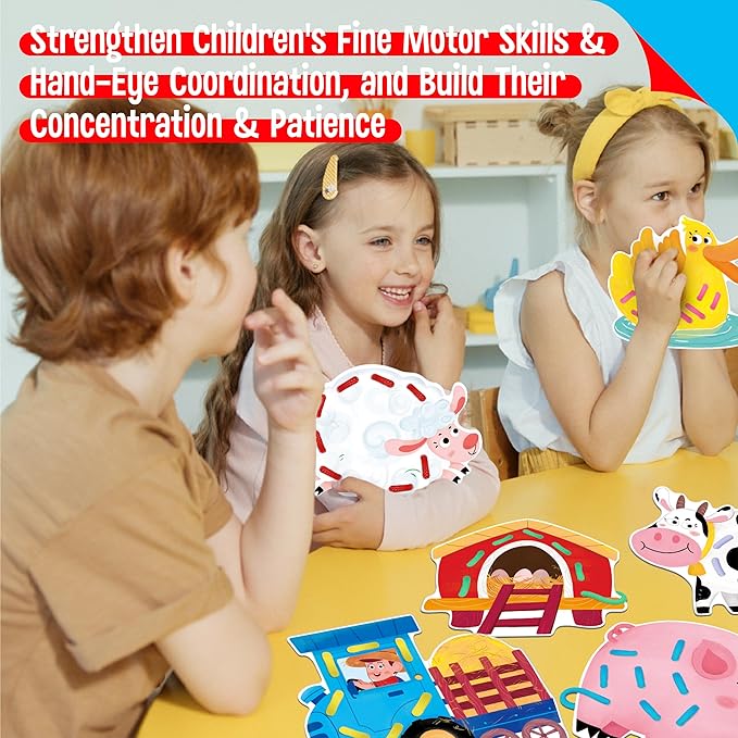 9 PCS Farm Theme Lacing Cards, 9 Double Sided Sewing Cards with 9 Colorful Laces, Imagination Development Lacing Toys Educational and Learning Activity for Preschoolers, Kids