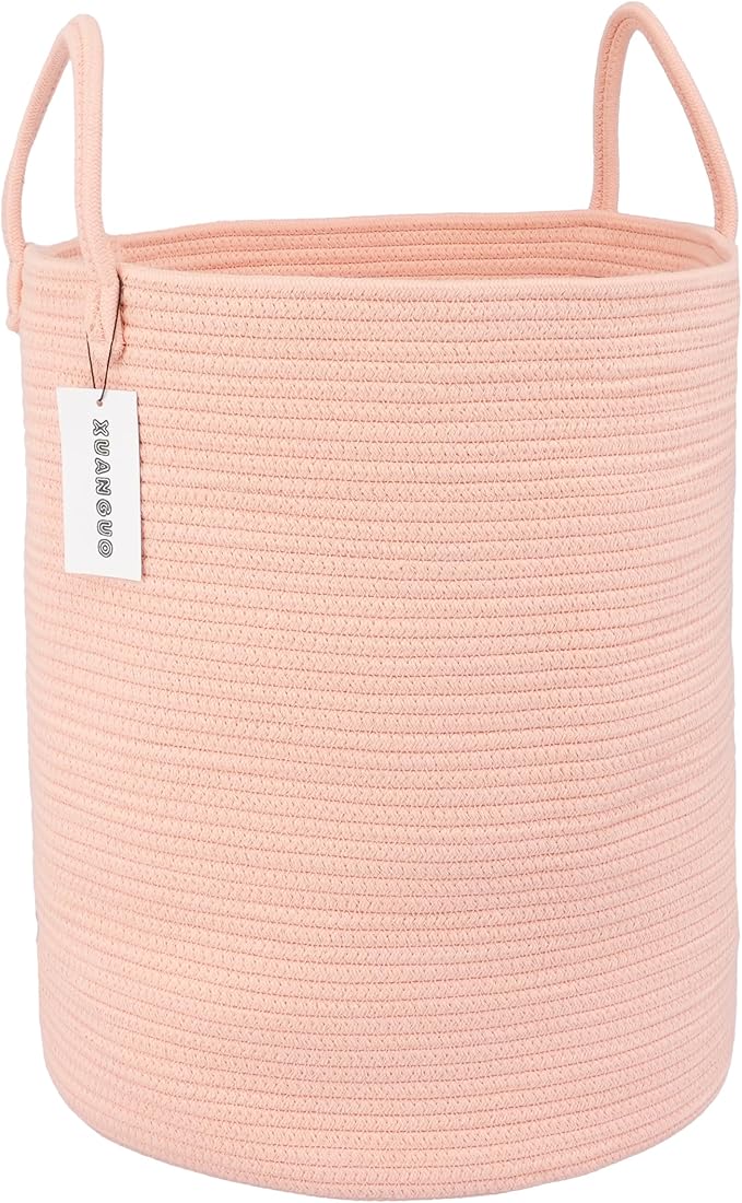 Cotton Rope Laundry Basket Hamper for Clothes Woven Storage Basket for Living Room Bedroom Boho Tall Rope Baskets for Blanket Toys Pillow Towels Baby Nursery Hamper Bin coral pink