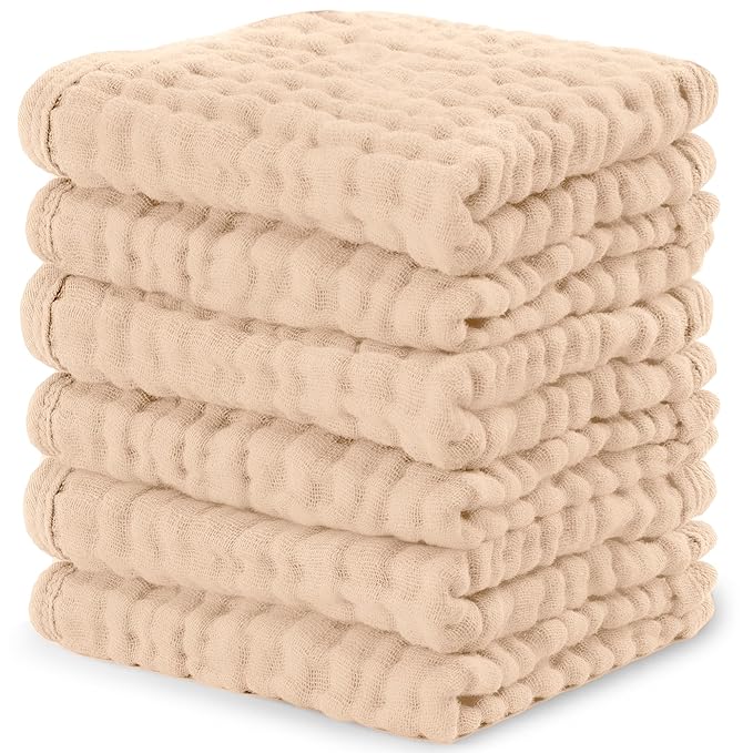 Comfy Cubs Muslin Baby Washcloths 6 Pack - Soft 6-Layer Cotton Wash Cloths for Sensitive Skin - 10"x10" Large, Gentle, Absorbent Infant Essentials for Newborn and Toddlers - Cream
