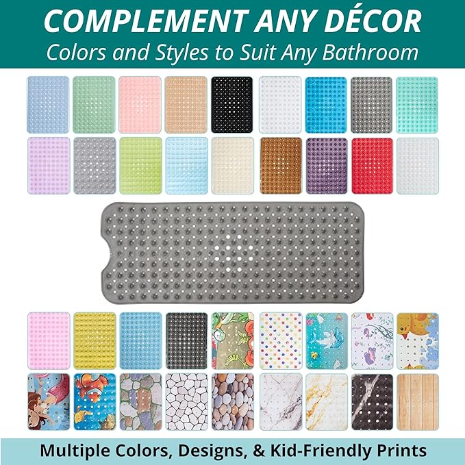 ENKOSI Bathtub Mat – 40 x 16 Inch Extra Long Non Slip Shower Mat – Anti Slip Grey Bath Mat with Suction Cups and Drain Holes – Bathroom Mat for Smooth Tubs and Shower Floors (40x16 Clear Grey)