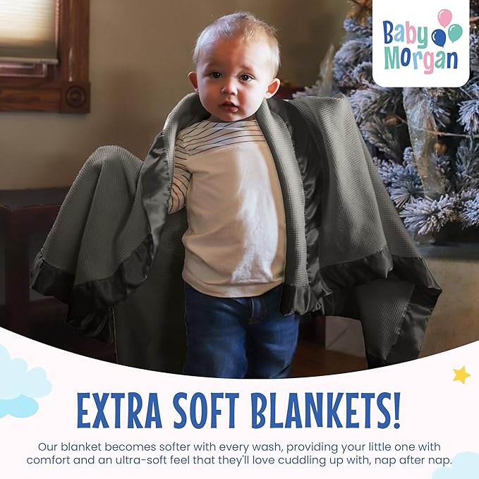 Blankets - Thermal Waffle Warm Baby Blanket for Crib - Soft and Cozy Baby Crib Blanket for Nursery, Stroller, or Naptime Comfort - Ideal Shower Gift - Gray, Satin Trim (36" x 50")