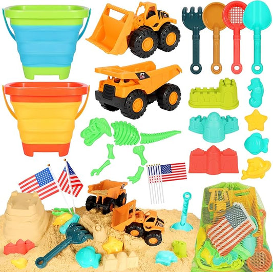 Beach Sand Toys for Kids, 29PCS Sandbox Toys with 2 Collapsible Bucket Sand, 2 Dump Truck, Dinosaur Molds, Castle Building Kit, Shovel Sieve,Flags,Mesh Bag Travel Beach Toys for Toddler 3-10
