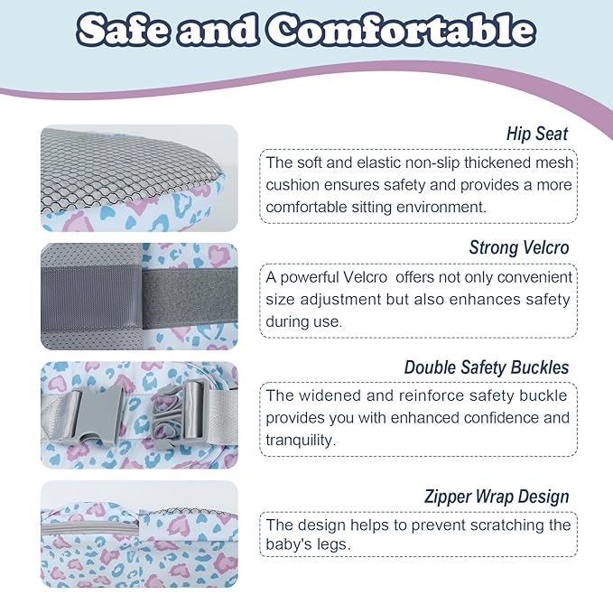 Baby Carrier with Hip Seat, Enhanced Safety, Hands-Free Support for Newborn to Toddler (0-66 lbs), Multiple Pockets, Ergonomic, Adjustable Waistband – Leopard