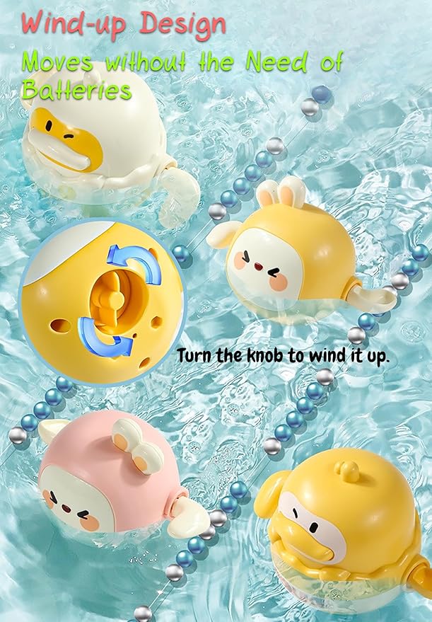 Adorable Frog Fishing Net Toy with 1 Wind-up Duck, 1 Windup Rabbit, Shark Storage Box for Kids Bath Time Fun, Perfect for Babies and Toddlers (Yellow)