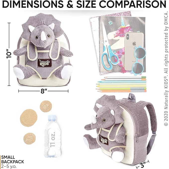 Naturally KIDS Small Dinosaur Backpack - Triceratops Dinosaur Toys for Kids 3-5 - Toddler Backpack for Boys & Girls - Grey Plush Stuffed Animal