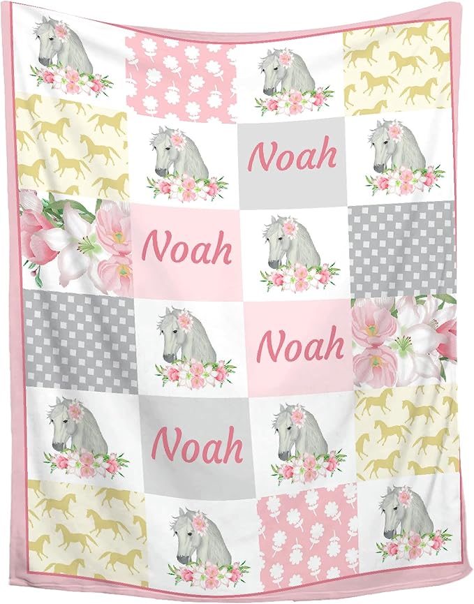 Personalized Baby Blanket for Girls Boys Horse Custom Baby Blanket with Name Swaddle Blanket for Toddlers Infants Kids Shower Newborns Nursery Stroller Crib Decor Throw Birthday Gift