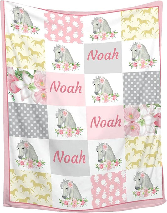 Personalized Baby Blanket for Girls Boys Horse Custom Baby Blanket with Name Swaddle Blanket for Toddlers Infants Kids Shower Newborns Nursery Stroller Crib Decor Throw Birthday Gift