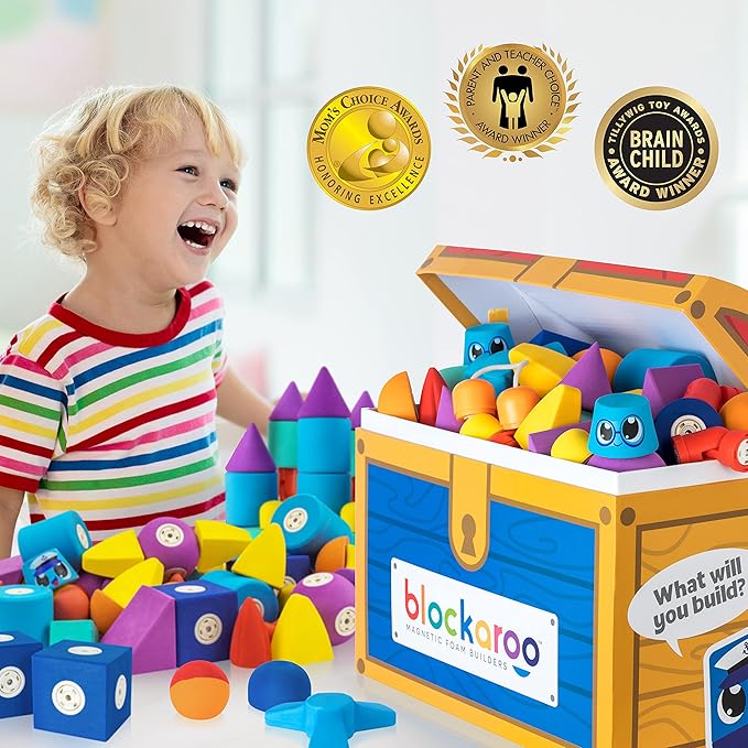 Blockaroo Magnetic Foam Building Blocks - 100-Piece Set with Storage Chest, Bath Toys for Toddlers, Preschool Toys, Bathtub Toys, Sensory Toys, Blocks for Toddlers 3-5, Engineering Toys for Kids 3-5
