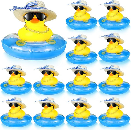 Summer Rubber Duck Mini Yellow Duck Bath Toys Duckies Car Dashboard Decorations with Mini Sun Hat Swim Ring Necklace and Sunglasses for Bathtub Shower Birthday Swimming (24 Set)