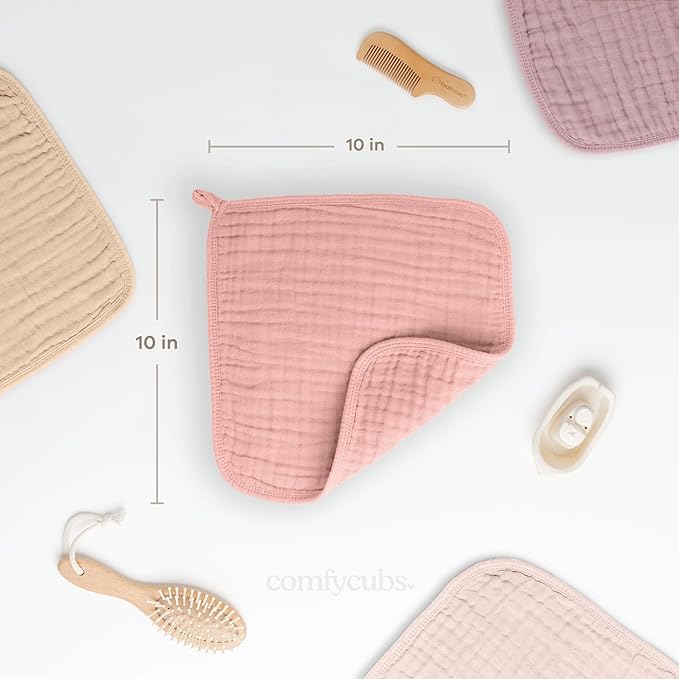 Comfy Cubs Muslin Baby Washcloths 6 Pack - Soft 6-Layer Cotton Wash Cloths for Sensitive Skin - 10"x10" Large, Gentle, Absorbent Infant Essentials for Newborn and Toddlers - Bold Blush