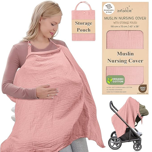 Premium Organic Breathable Muslin Nursing Cover for Breastfeeding - Privacy Breast Feeding Covers for Women - Multi-Use Nursing Cover Up - Soft & Lightweight Breastfeeding Covers (Pink)