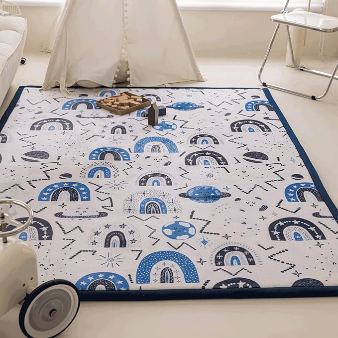 Loartee Rainbow Kids Play Mat - 1" Thick Baby Nursery Rug, Soft Crawling for Toddlers, Coral Velvet Memory Foam Tummy Time, Blue, 59"x78"