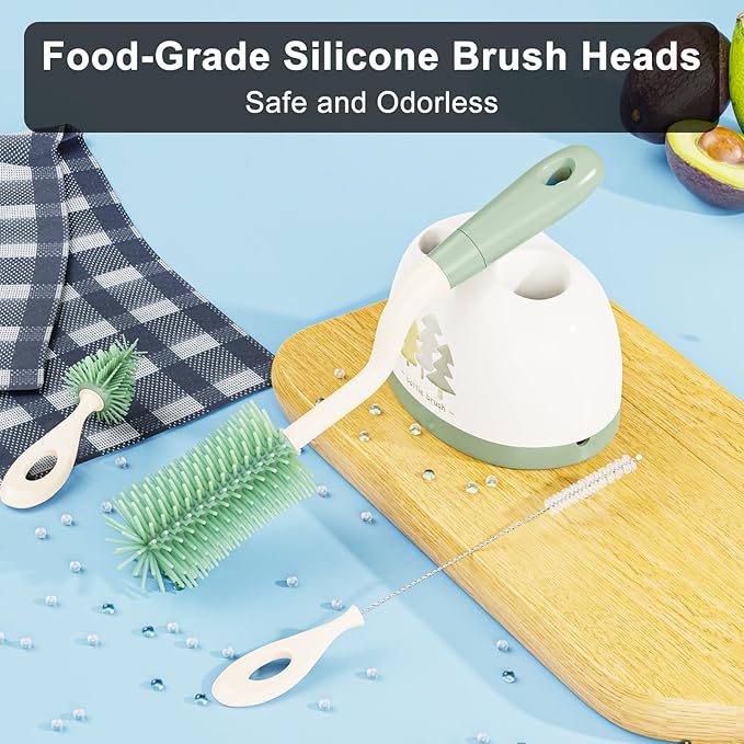 Silicone Bottle Brush Set with Stand, Bottle Cleaning Brush Cleaner Set, Long Handle 3 in 1 Multipurpose Silicone Baby Bottle Straw Cleaner Brush (Sage Green)