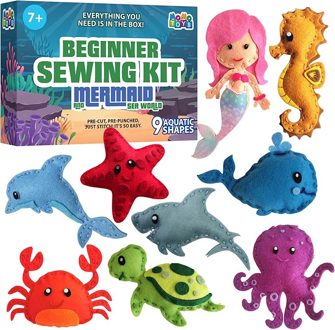 MOMOTOYS Mermaid & Sea Life Beginner Sewing Kit for Kids Ages 7+ – Includes 9 Kids Sewing Projects w/Tools & Art Supplies – DIY Felt Crafts – Girls & Boys Gifts for 7, 8, 9, 10, 11, 12 Year Old