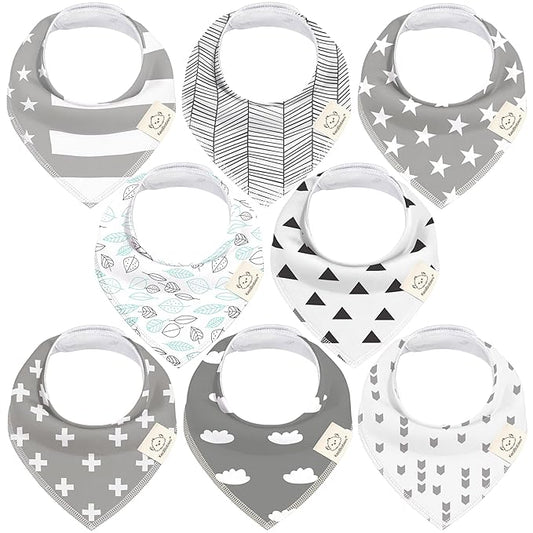 8-Pack Organic Baby Bandana Bibs for Boys, Girls - Super Absorbent Triangle Baby Bibs for Drooling and Teething Infant, 100% Cotton Extra Soft for Newborn, Infant 0-36 Months (Grayscape)