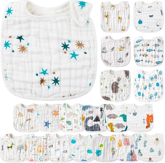 Zainpe 20Pcs Snap Muslin Cotton Baby Bibs Soft Absorbent Adjustable Burp Cloths for Newborns Drooling Feeding Teething Eating