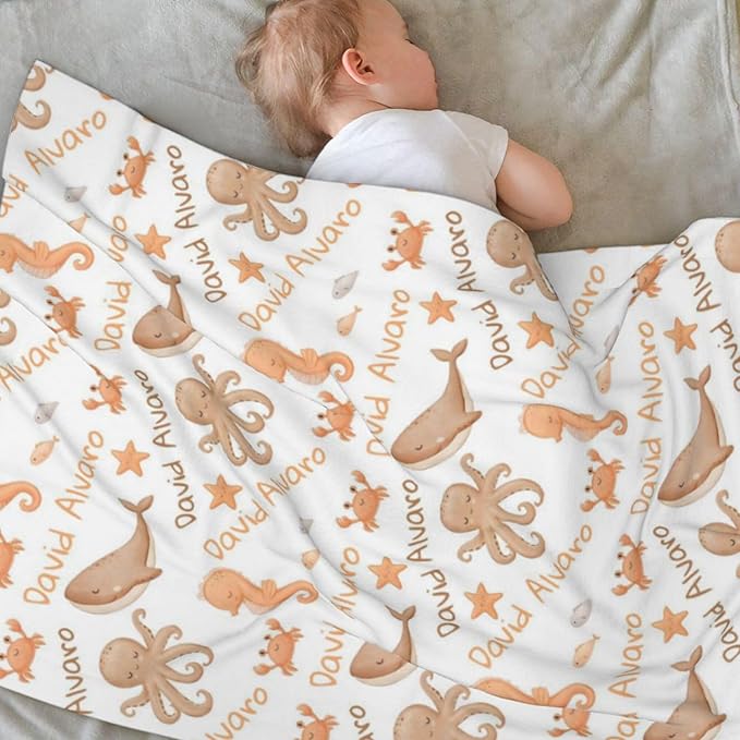 Ship Next Day Personalized Baby Blanket, Printed in USA - Custom Name Toddler Blanket with Ocean Pattern, Personalized