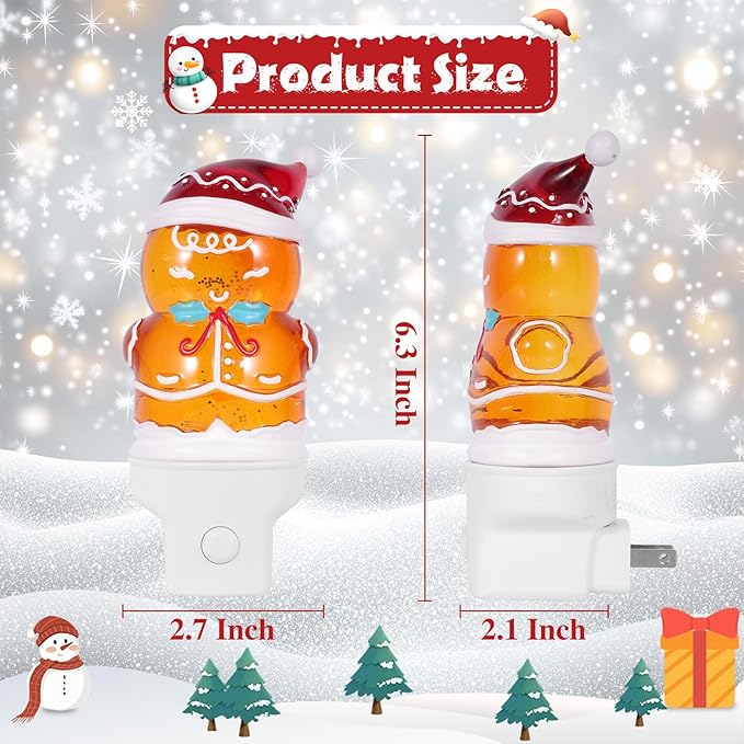 Christmas Night Light Plug into Wall Glitter Water Nightlight with USB/Outlet Options, Christmas Gingerbread Decorative Nightlight for Bedroom Kitchen Nursery Holiday Decorations Gifts (Gingerbread)