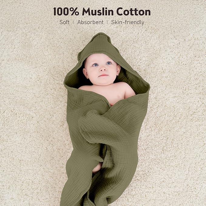 Susurration Hooded Baby Towels for Newborn 2 Pack 100% Muslin Cotton Towel for Babies，Highly Absorbent and Newborn Essential 30x30 Inch Cream&Dark Green