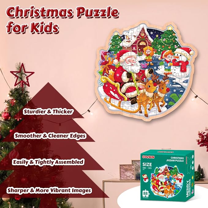 Christmas Floor Puzzle for Kids Ages 3-5 & 4-8, 88 Piece Blue Cardboard Jigsaw Puzzles for Kids, Learning Educational Toys Birthday, for 3 4 5 6 Year Old Girls & Boys