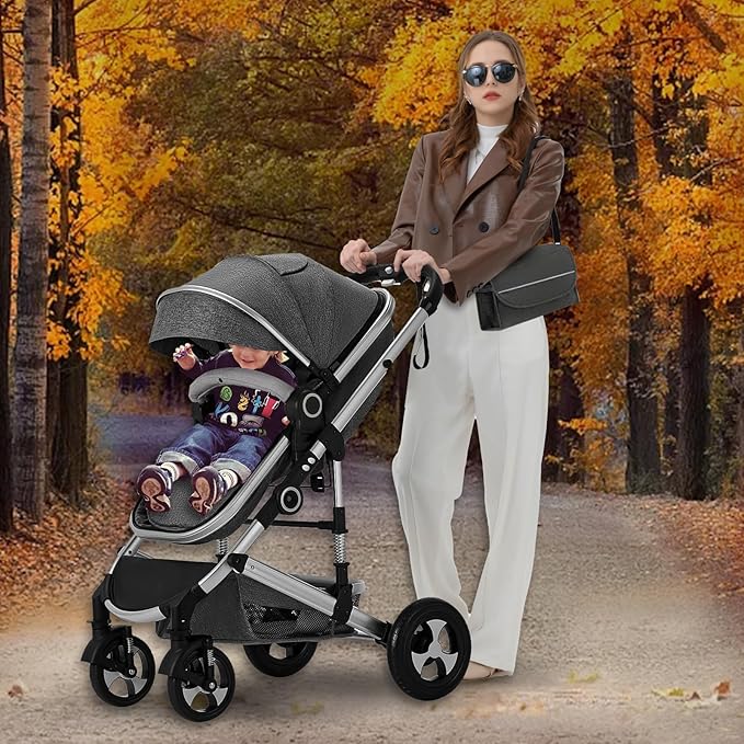 Kinder King 2 in 1 Convertible Baby Stroller, Folding High Landscape Infant Carriage, Newborn Reversible Pram, Diaper Bag, Anti-Shock Toddler Pushchair Stroller, Dark Grey