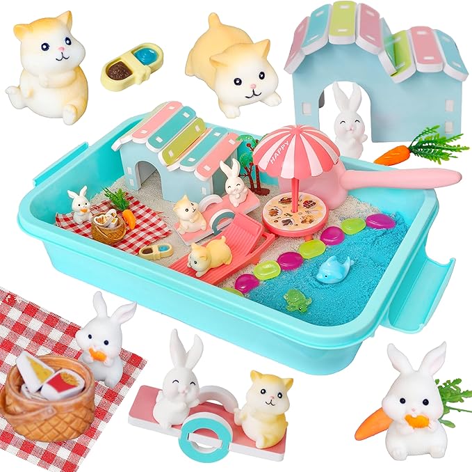 Pet Sensory Bin,Hamster and Rabbit Habitat,Animal Sensory Sand Kit for Boys and Girls, Pet Sensory Toys,Summer Beach Toys, Sandbox Play Set for Toddler Ages 3 4 5 6 7 8