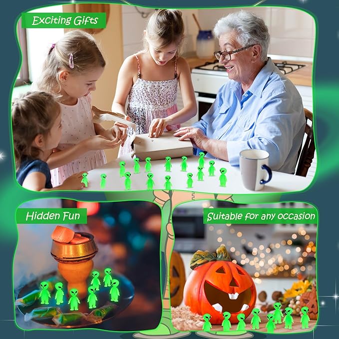 200 Pcs Mini Alien Figures Glow in The Dark Small Little Tiny Aliens Figurine to Hide and Seek for Space Party Favors Prank Rubber Toys Bulk Gifts for Halloween Party Goodie Bag Fillers