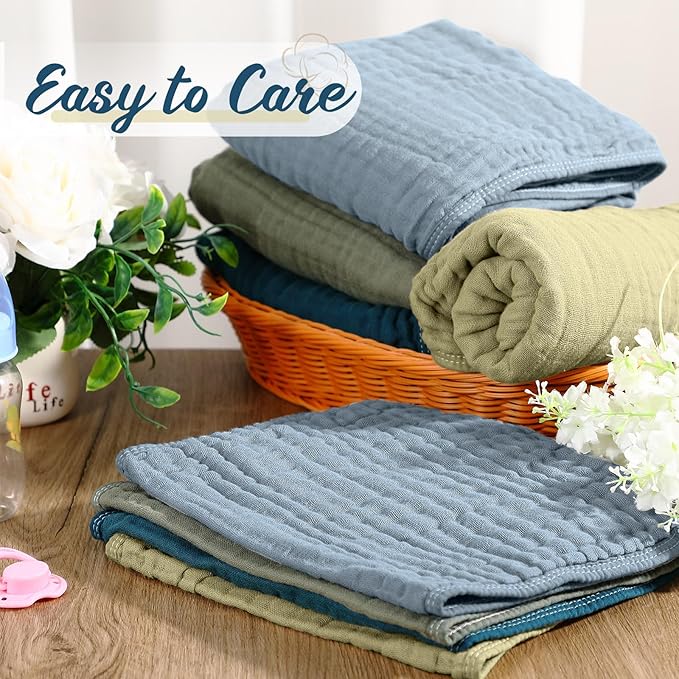 VitalCozy 8 Pcs Baby Muslin Hooded Bath Towels and Washcloths, 32 x 32 Inch Cotton Absorbent Blankets for Newborn Infant Shower Gift (Dark Green, Dark Blue)