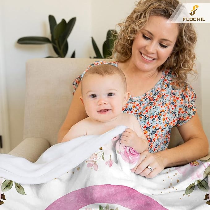 FLOCHIL Personalized Baby Blanket for Girls, Custom Baby Blanket with Name, Customized Baby Products, Gift for Baby, Newborn, Baby Shower (Rainbow)