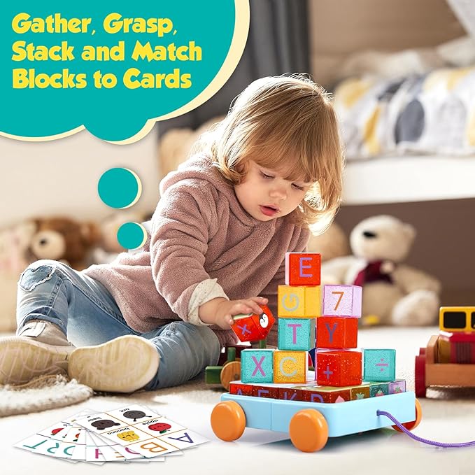 56PCS Building Blocks, Alphabet & Number Stacking Blocks for Toddlers with Storage Pull Toy Car & ABC Cards, Preschool Early Learning & Educational Toys, Baby Kids Birthday STEM Toys 3 4 5 6