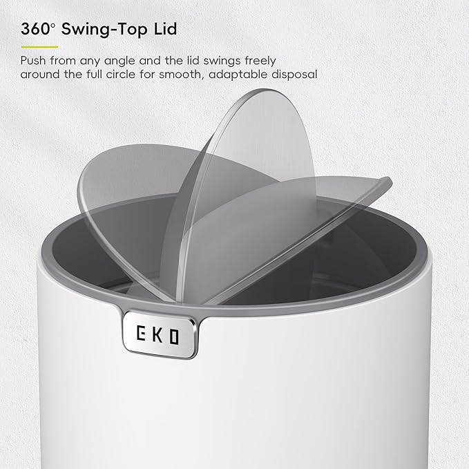 EKO Fandy 0.58 Gal/2.2L Mini Trash Can with Lid, Swing-Top Desktop Trash Can for Bathroom, Countertop, Vanity, Desk or Office, Small Garbage Bin (White)
